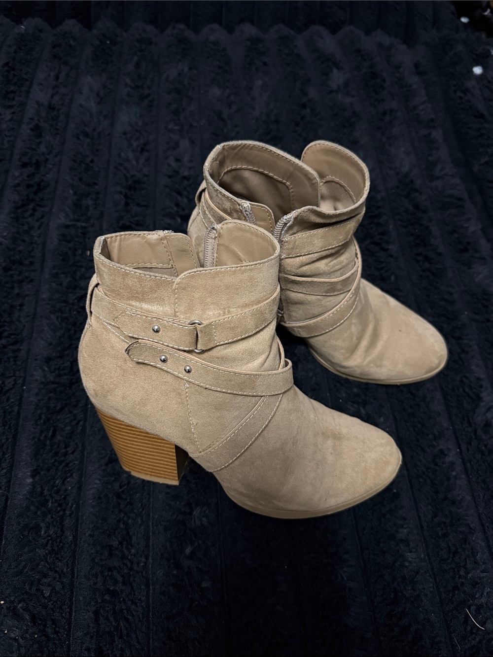 Women's Suede Ankle Booties in Taupe with Stacked Heel and Wrap Straps